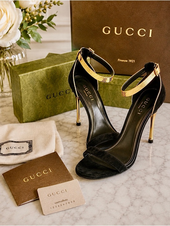 Gucci Shoes - Gucci Black Suede Stiletto Sandals with Gold Ankle Straps